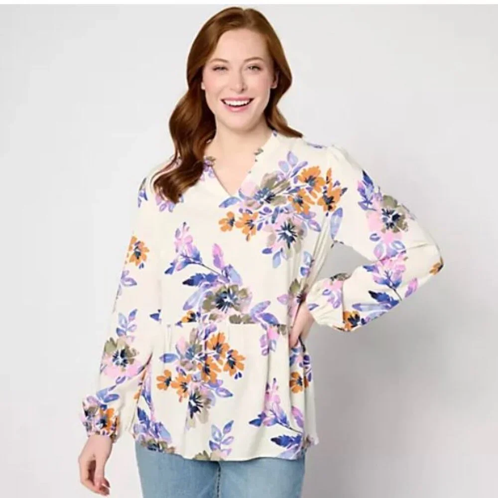 Denim & Co. Printed Blouse with Smocked Cuff-Ivory Floral-S